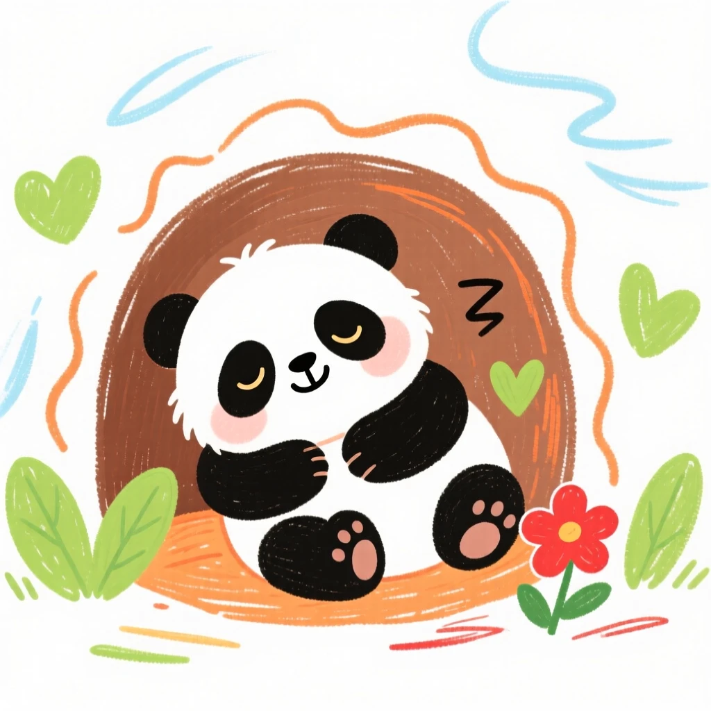 A sleepy panda cub snuggled inside a cozy burrow.