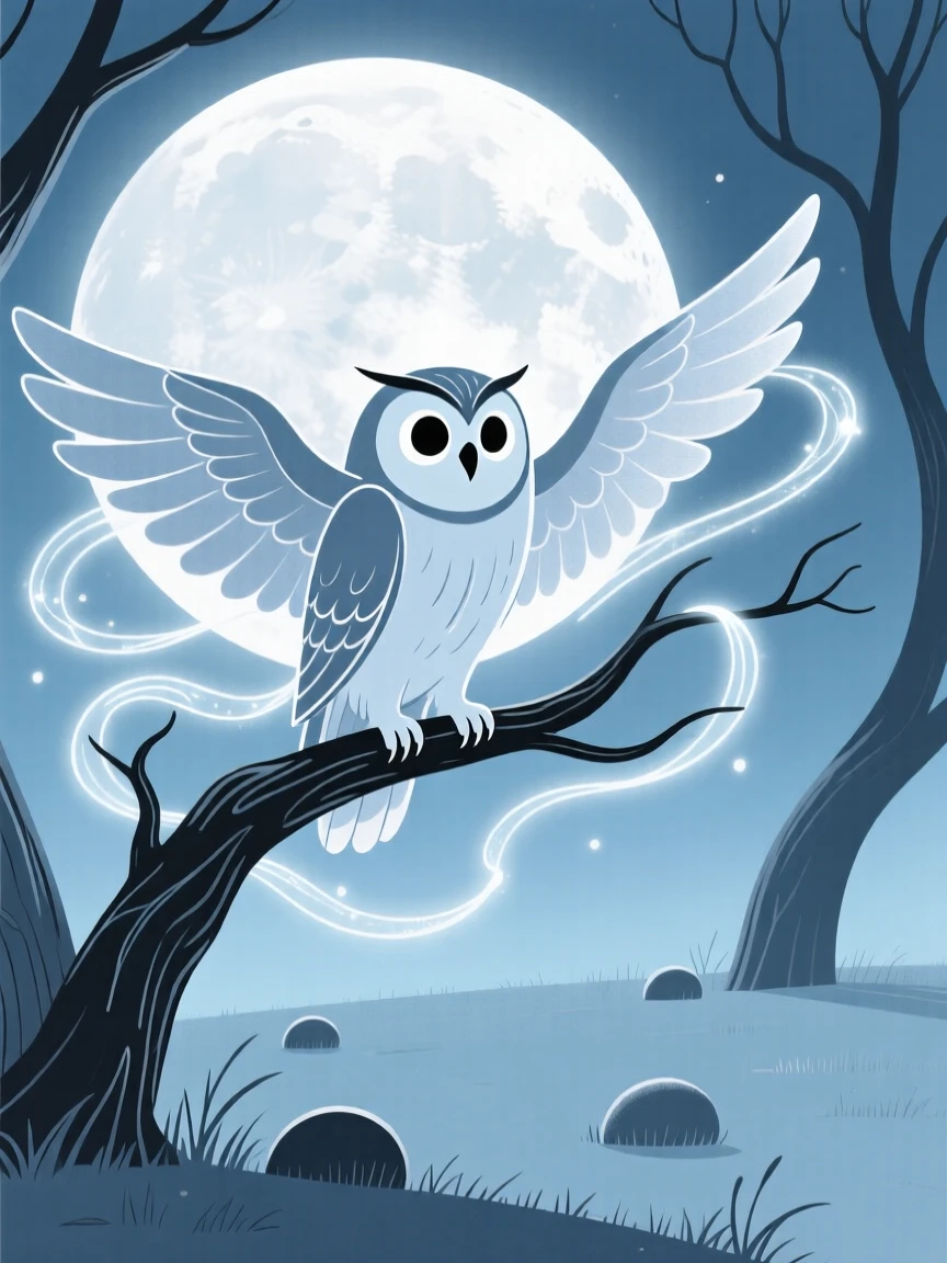 A mystical owl guardian weaving spells of light near a moonlit clearing.