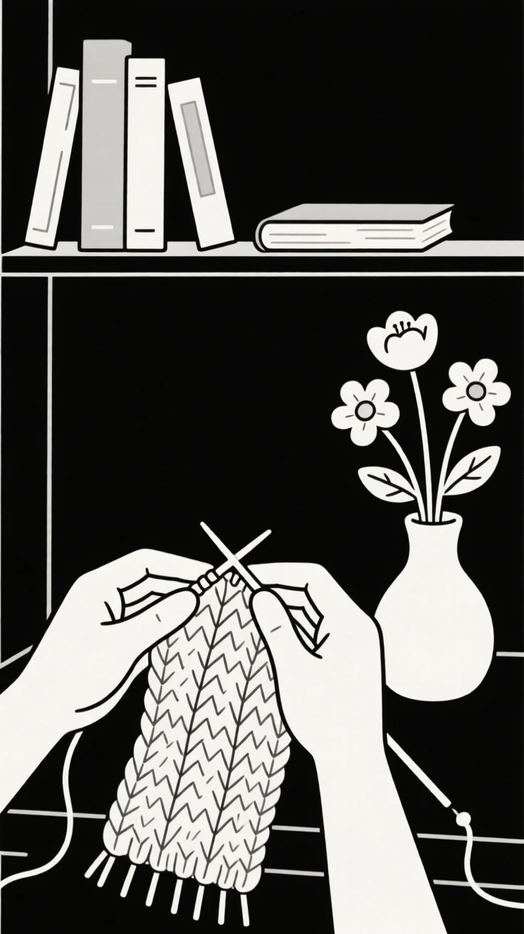 A close view of hands knitting a scarf near fresh cut flowers in a small home library, full of quiet satisfaction.