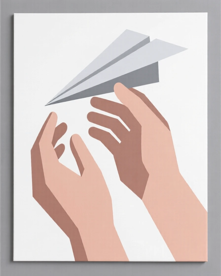 A pair of hands releasing a paper airplane