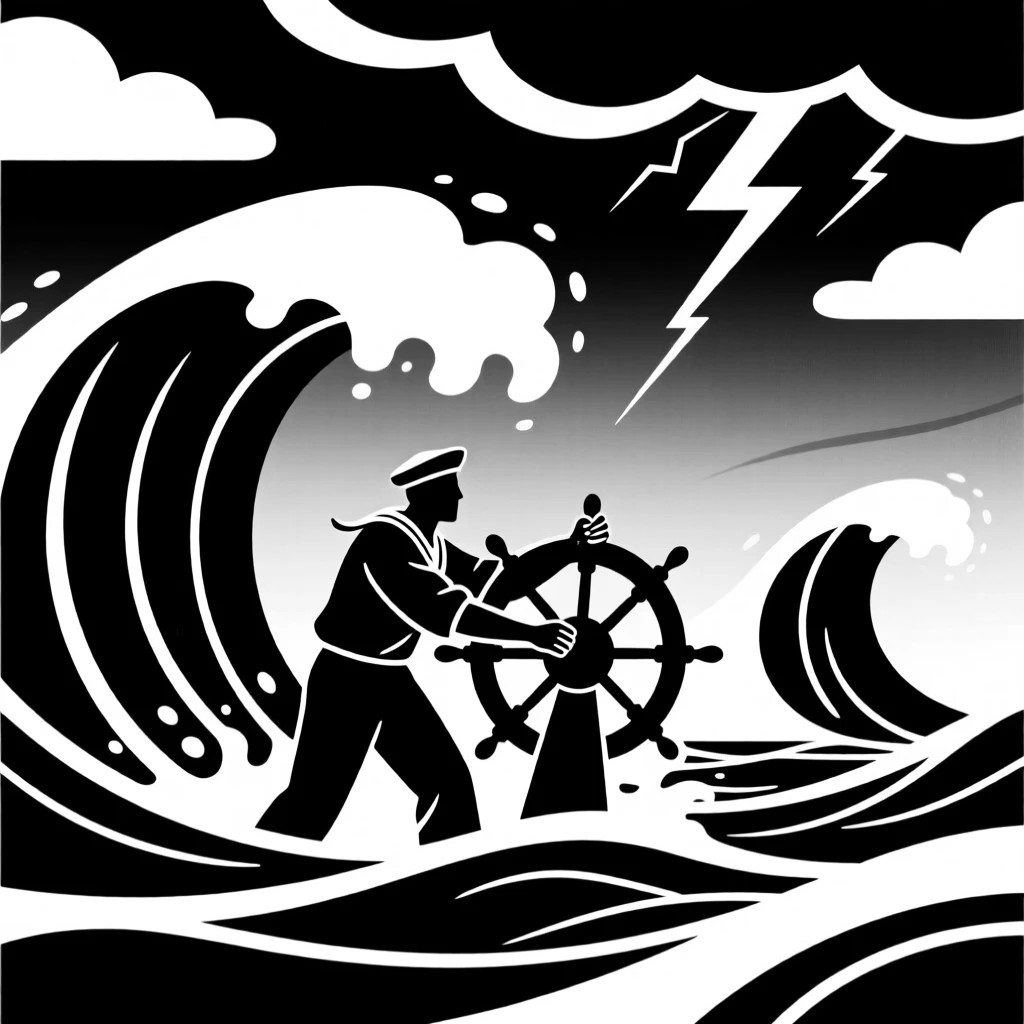 A sailor battling massive waves in a fierce storm.