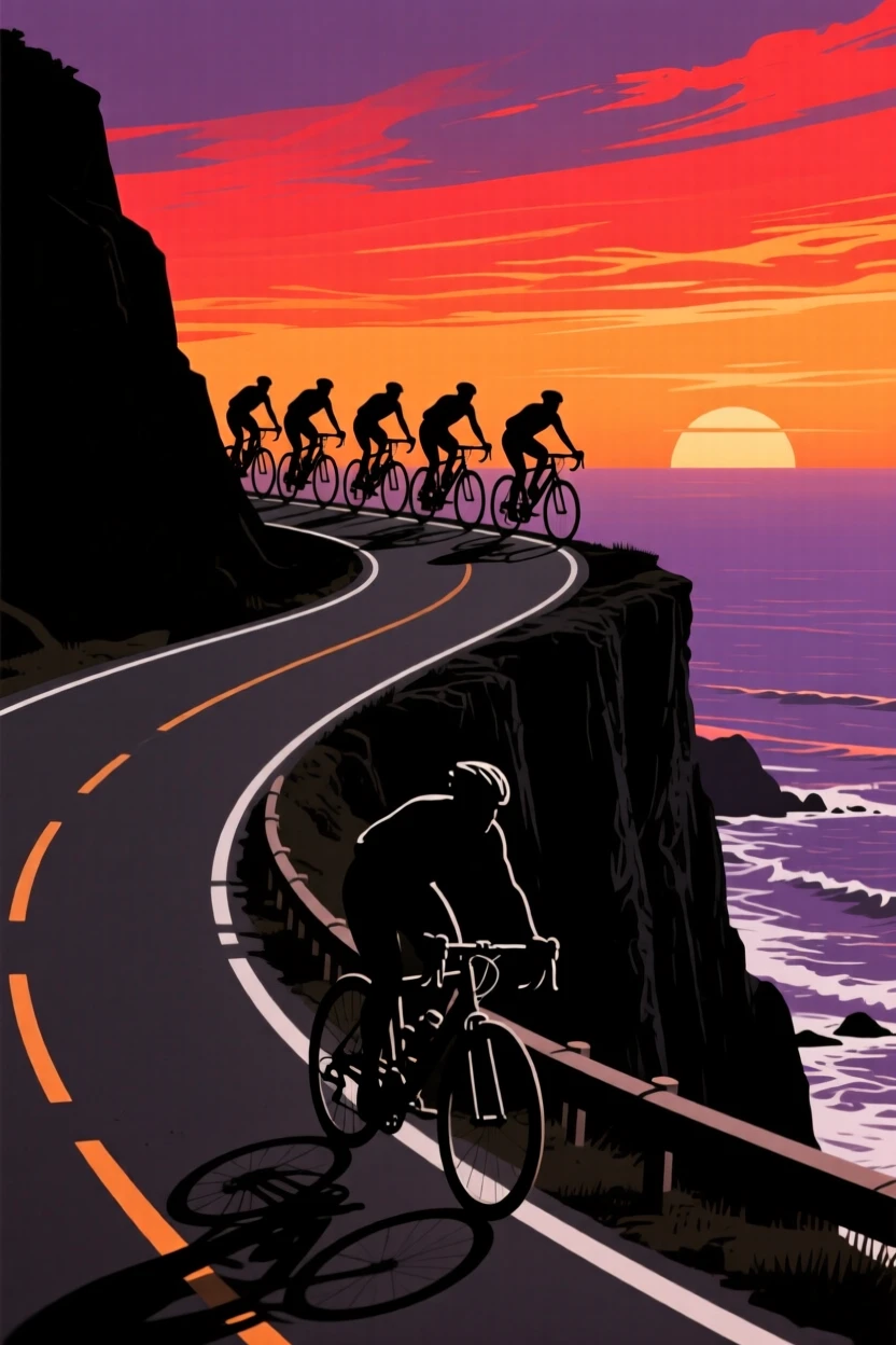 A group of cyclists riding together along a winding coastal cliff road.
