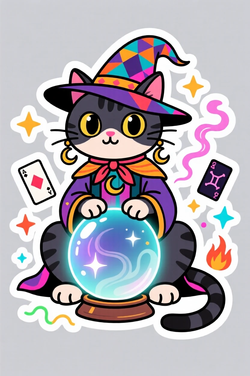 A playfully retro mystical fortune-teller cat with a crystal ball, ready for the next big adventure, in a scene bursting with energy and color.