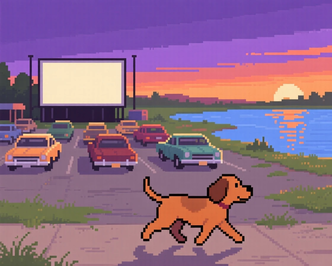 A drive-in movie theater at dusk with an old dog trotting along beside them, beside a lake during summer vacation.