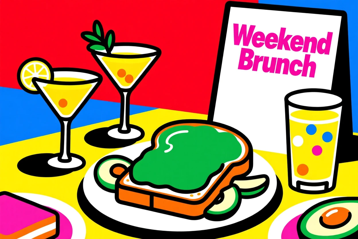 Weekend brunch spread with avocado toast and mimosas