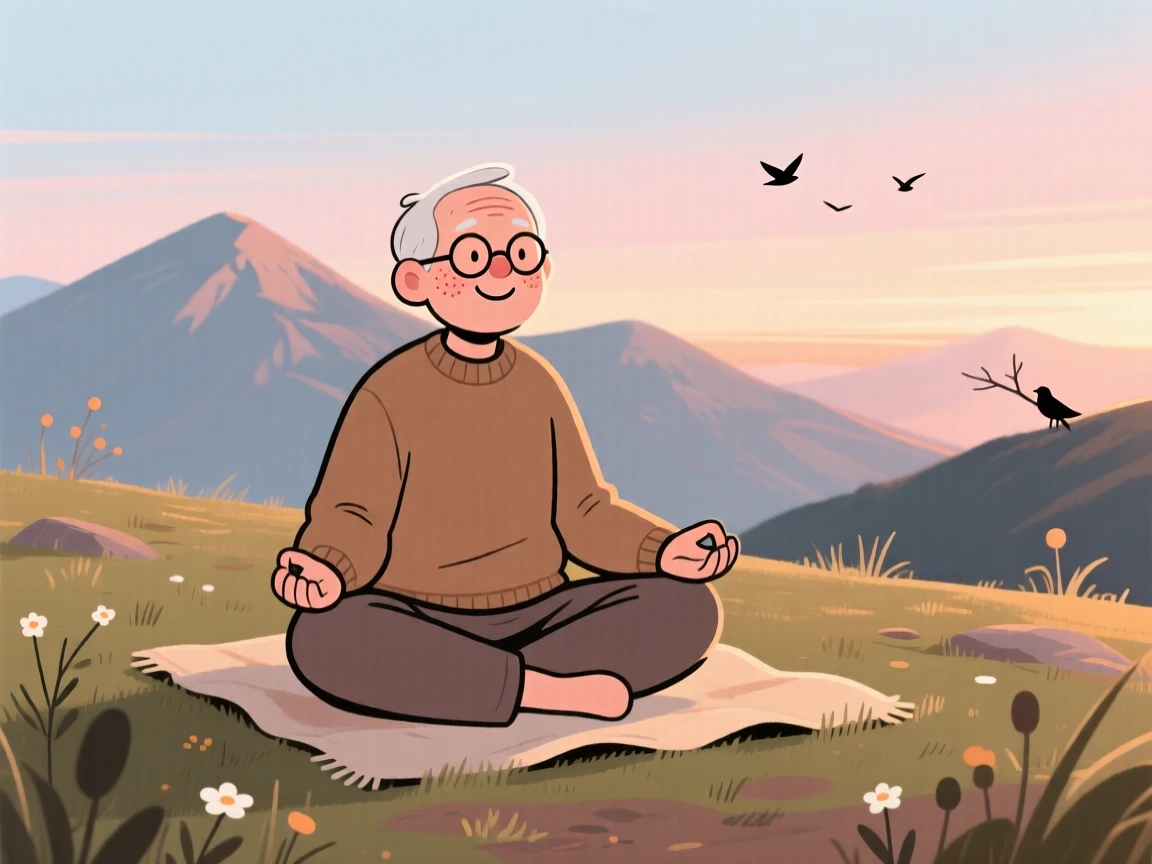 A elderly man practices quiet meditation on a mountaintop clearing at first light, breathing slowly as the calls of distant birds surrounds them.