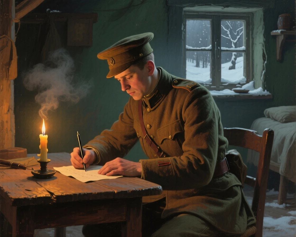 A centered composition of a soldier writing a letter home by candlelight, in the quiet stillness of midwinter, in the early 1900s.