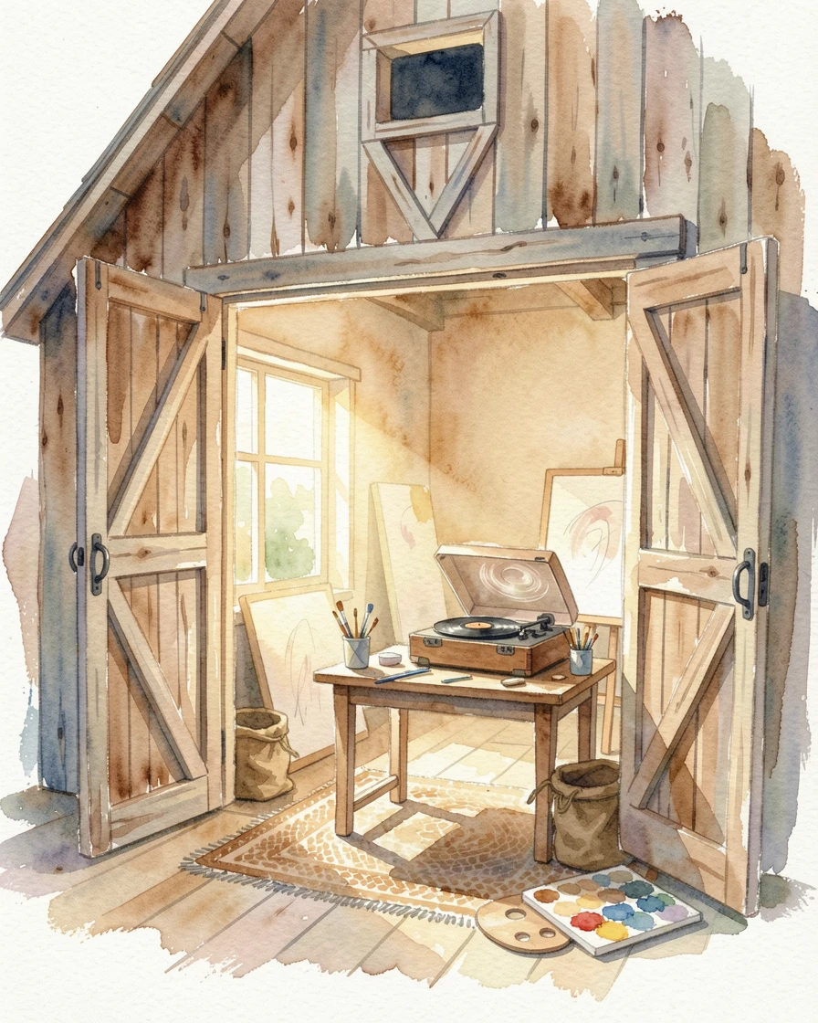 A rustic barn converted into a cozy studio with a record player softly spinning.