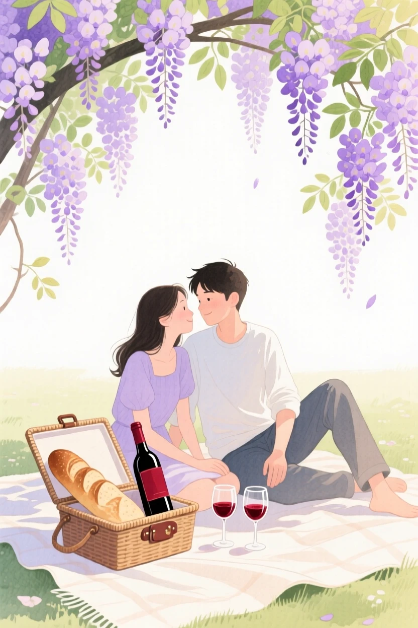 A couple shares a picnic beneath a blooming wisteria arbor, a basket of bread and wine between them
