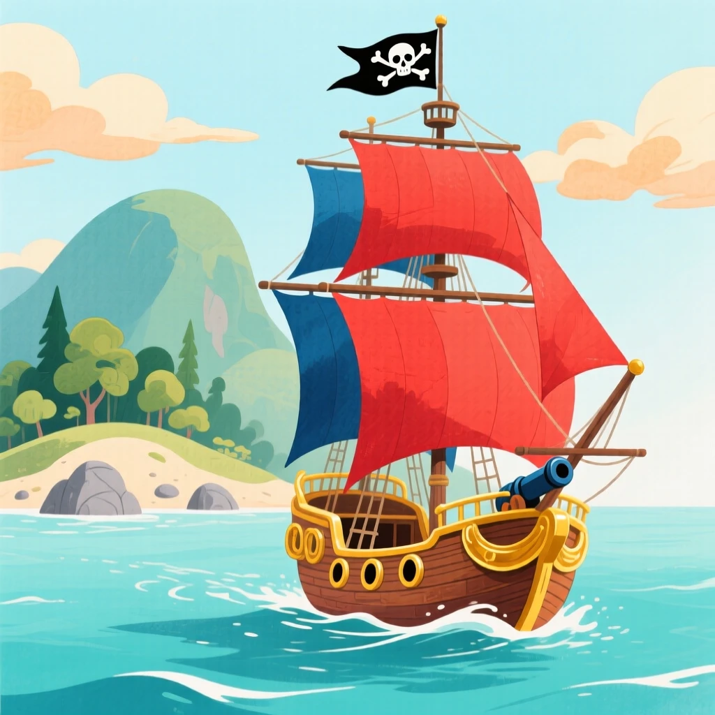 A thrilling glimpse of a pirate ship sailing toward a mysterious island.