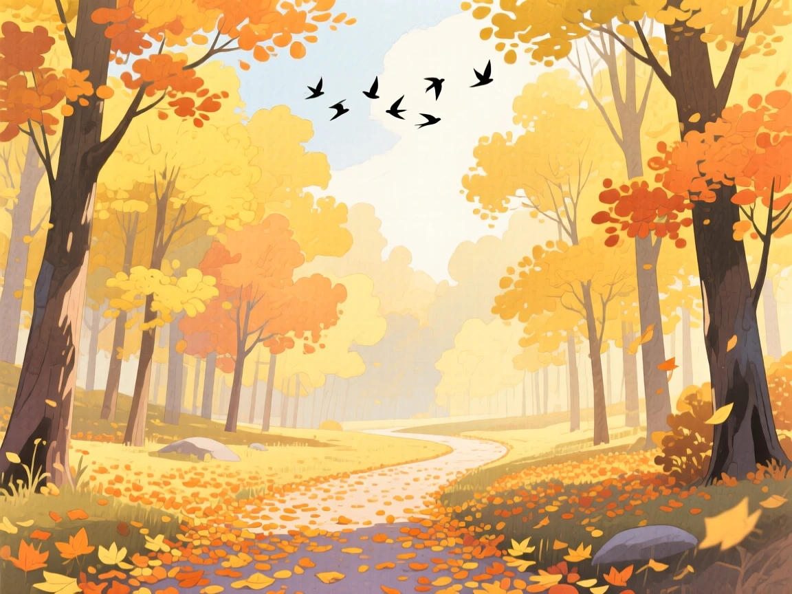 A golden autumn forest with a winding path of fallen leaves, with a flock of birds silhouetted against the sky, radiating natural splendor and tranquility.
