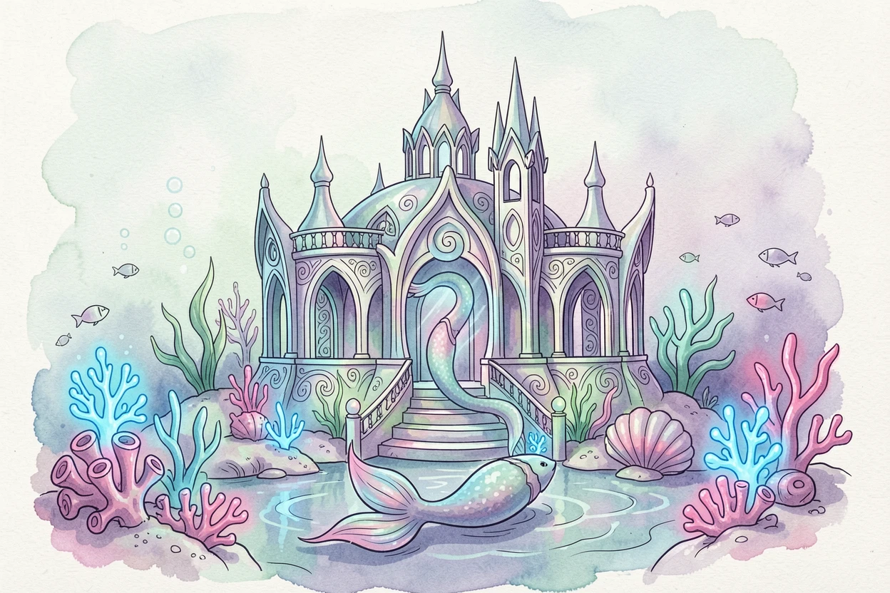 A mermaid's underwater palace glowing with bioluminescent coral, a soft magical glow illuminating the entire scene.