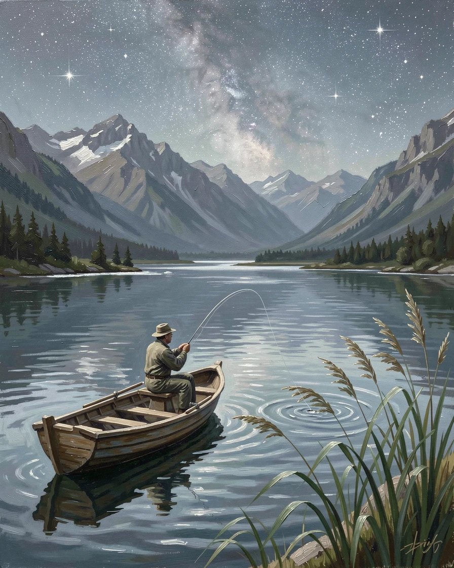 A chain of interconnected lakes fed by a mountain stream, a lone fisherman casting a line from a small boat, beside reeds swaying gently at the water's edge, under a canopy of stars, the water rippling faintly.