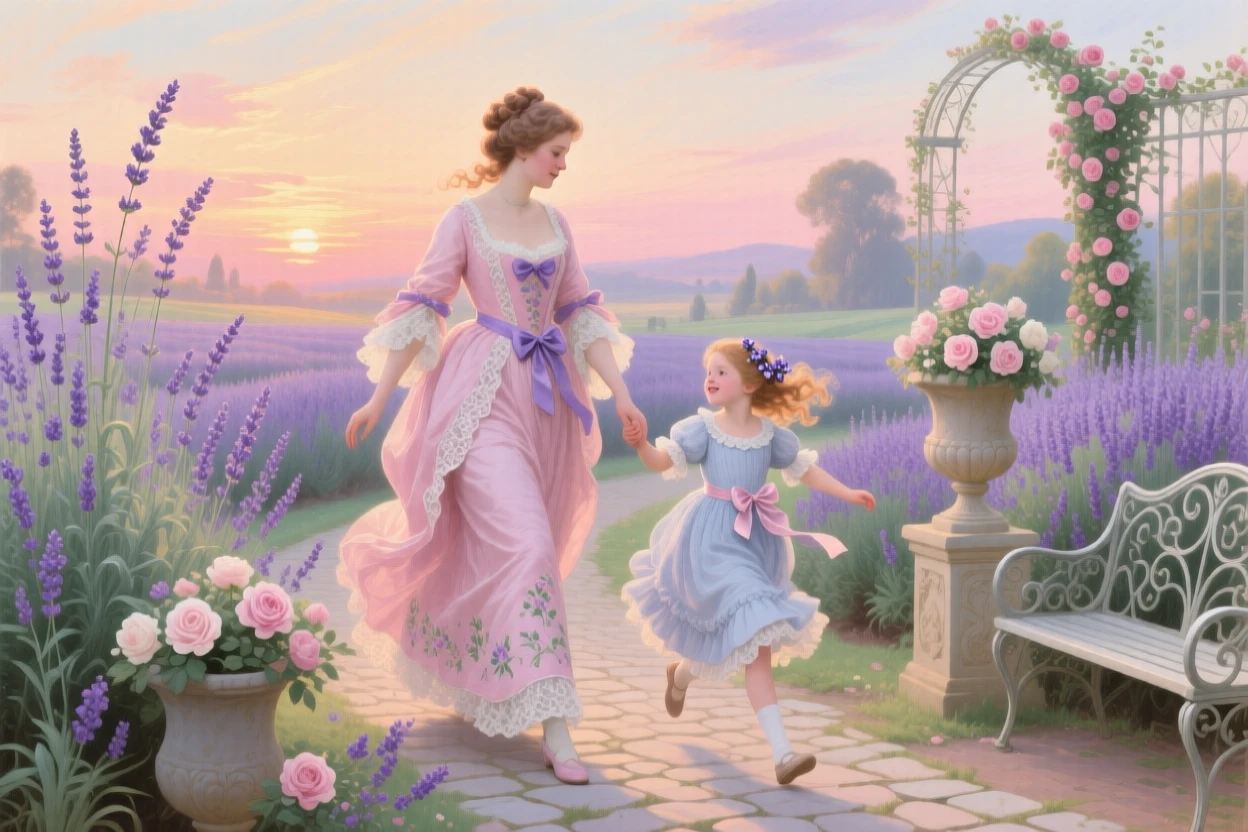 A mother and daughter walking through a lavender garden at sunset  