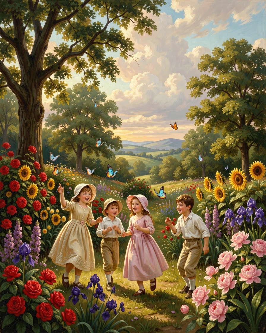 Children chase butterflies through a garden bursting with summer color.