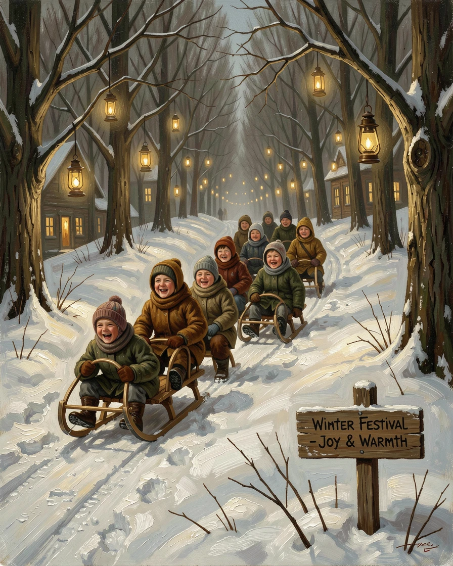 A festive winter wonderland with children sledding down a snowy hill, as golden or twinkling light creates a magical atmosphere, radiating comfort, celebration, and heartfelt togetherness