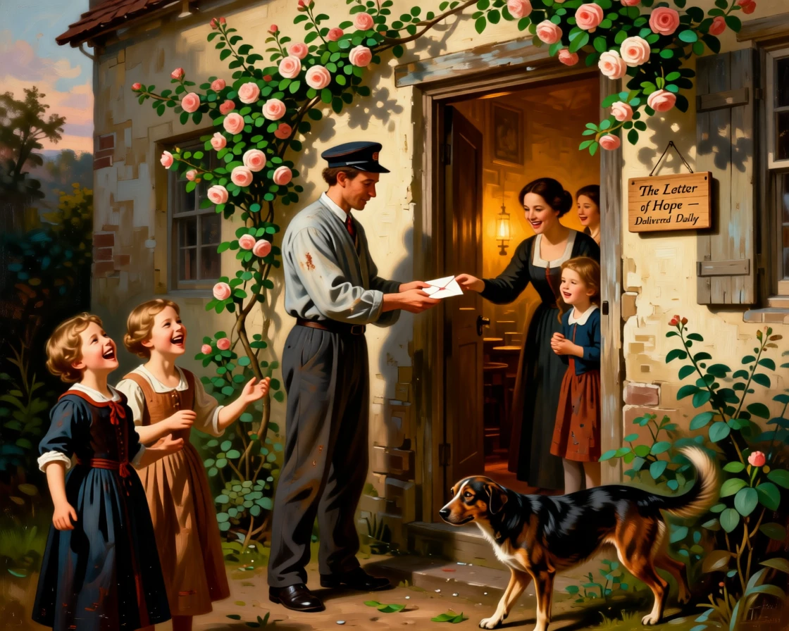 A postman delivering a cherished letter to an eager household as warmth and community shine through humble work, set beside a rustic cottage framed by climbing roses, with children's laughter and a stray dog weaving underfoot; the composition finds quiet monumentality in an everyday gesture, suggesting that meaning is found in life's smallest rituals.
