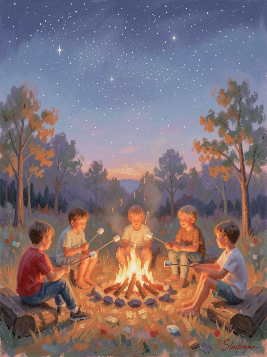 A summer camp bonfire with children roasting marshmallows and singing beneath a star-filled sky, evoking a sense of peace and quiet wonder.