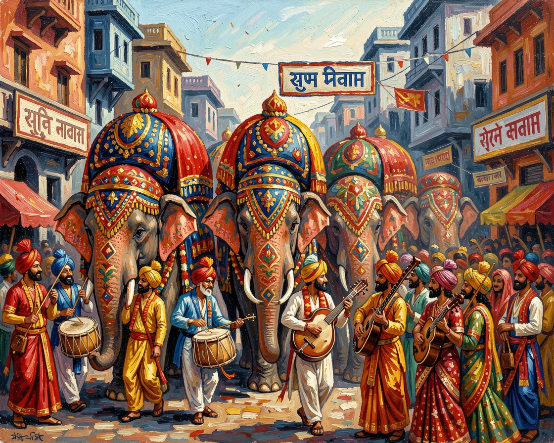 A colorful Rajasthani wedding procession with elephants and musicians filling the street.