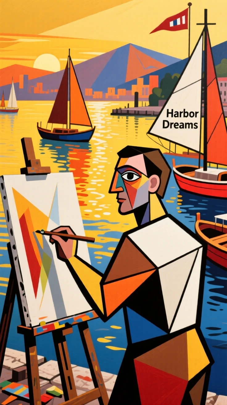 An artist working at an easel overlooking a vibrant harbor at golden hour.