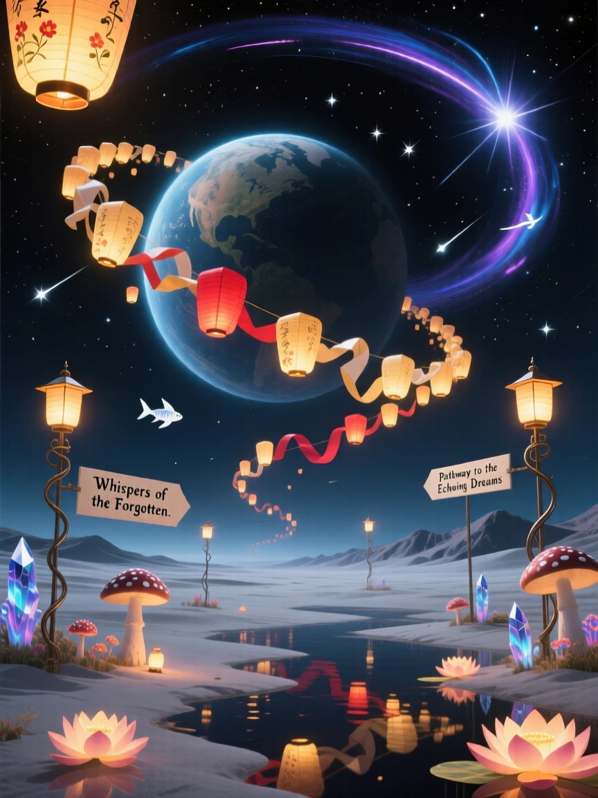 A planet with rings made of drifting paper lanterns casts a soft glow across a still and quiet landscape, as shooting stars trace slow arcs across the darkness.