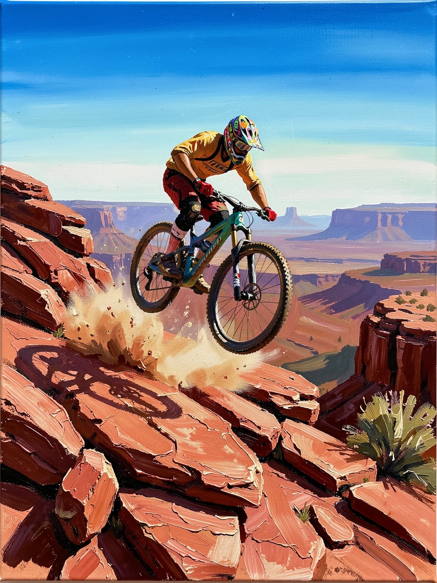 A mountain biker catches air off a dusty red rock trail in Moab, dramatic desert formations stretching to the horizon behind, distant terrain stretching toward the horizon, suggesting the journey is far from over.
