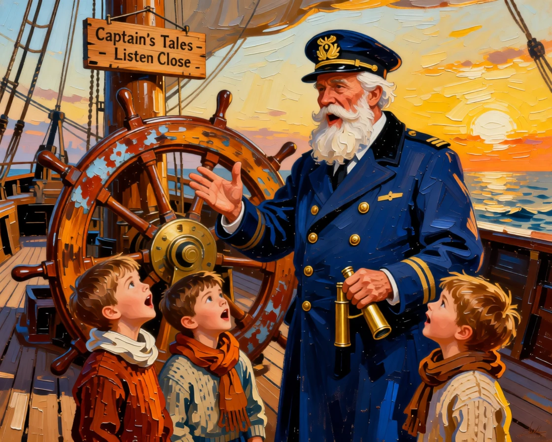 A retired sea captain telling stories to wide-eyed grandchildren beside a ship's wheel
