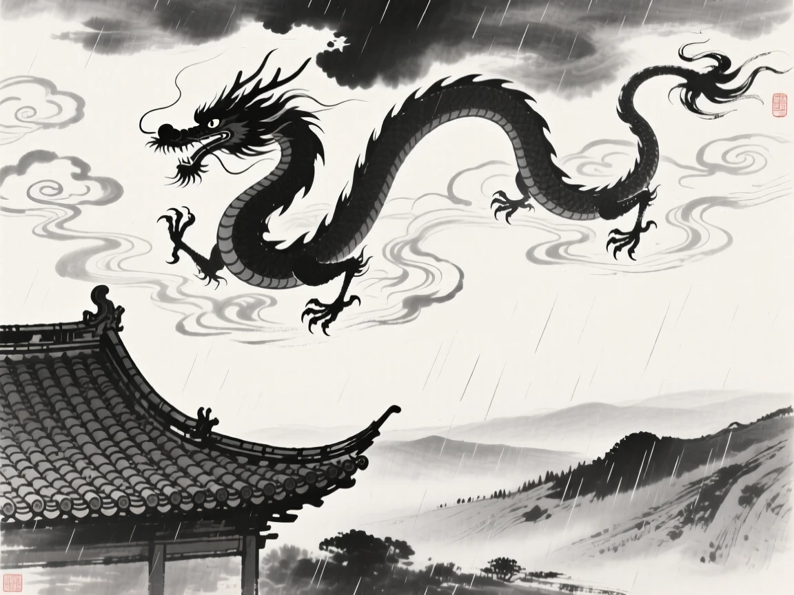 A serpentine dragon winds through the clouds above a temple rooftop, with rain sweeping across the valley below.