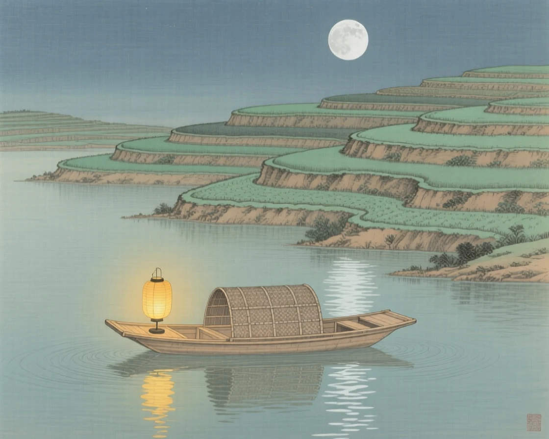 A moonlit lake with a single lantern boat, soft golden light spilling across the terraced fields