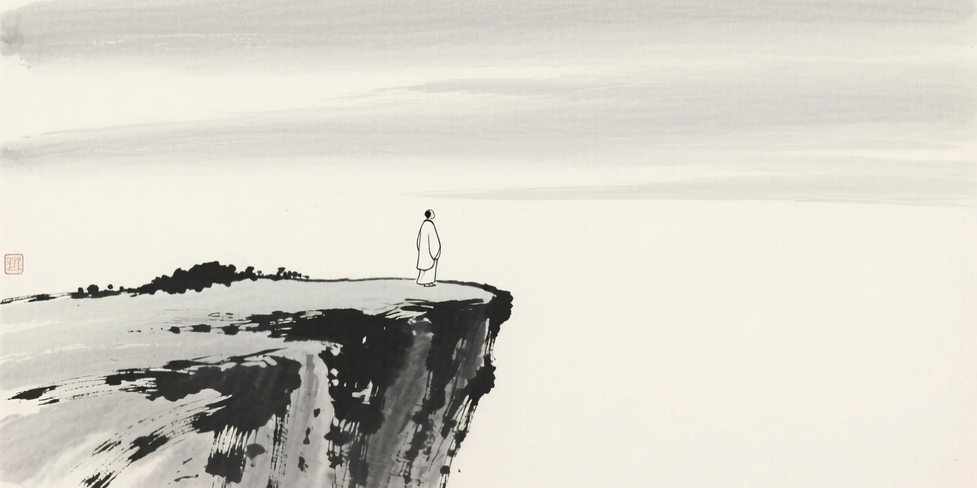A solitary figure standing at the edge of a quiet cliff beneath a wide and silent sky, framed with soft, diffused light throughout, capturing a fleeting, meditative moment of peace.