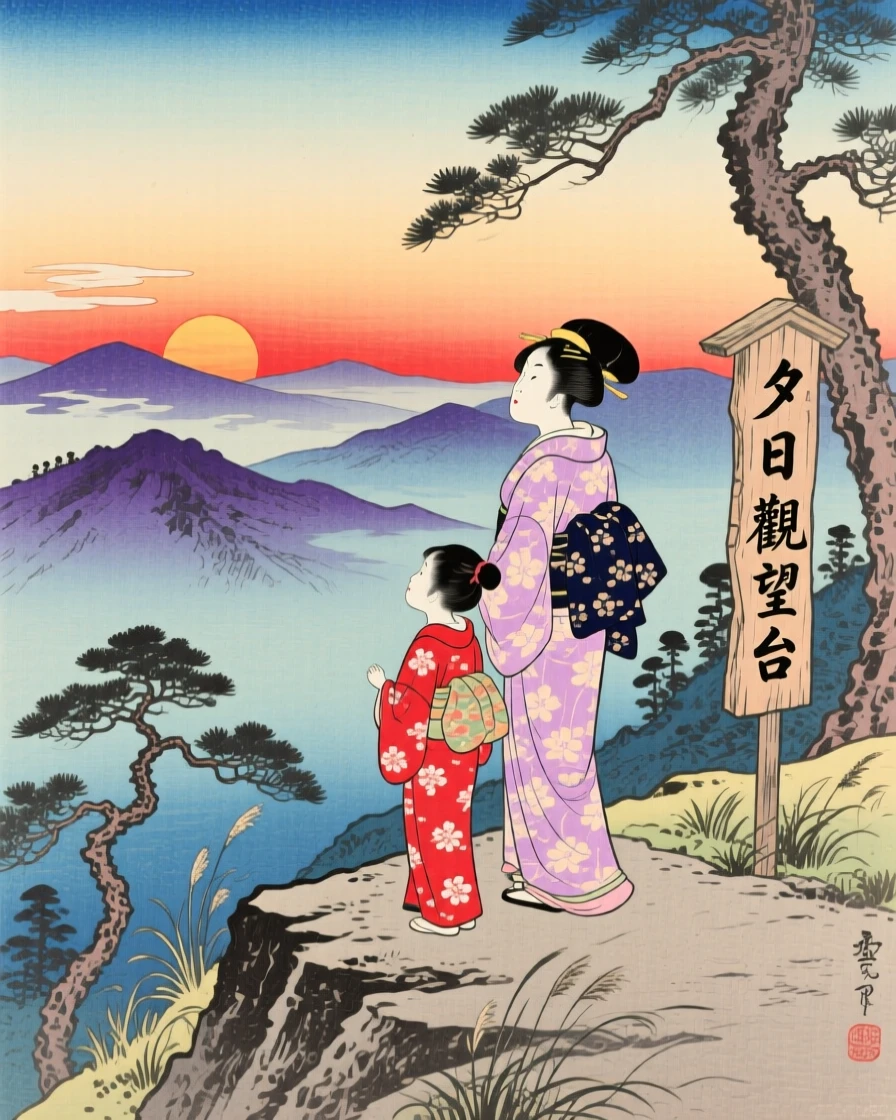 A mother and daughter pausing to admire a sunset from a mountain overlook.