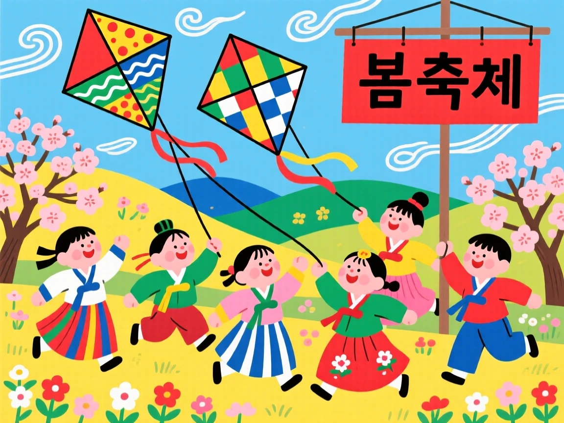 Children flying kites together during a spring festival celebration.