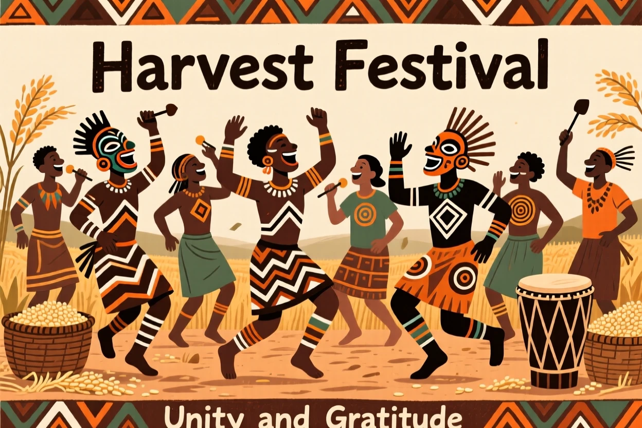 Villagers celebrating a bountiful harvest with song and dance.