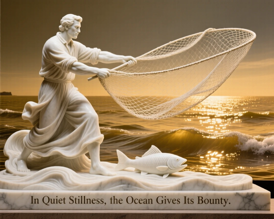 A vivid, emotionally rich scene of a fisherman casting his net into golden waters, in a moment of quiet stillness, designed to captivate and inspire