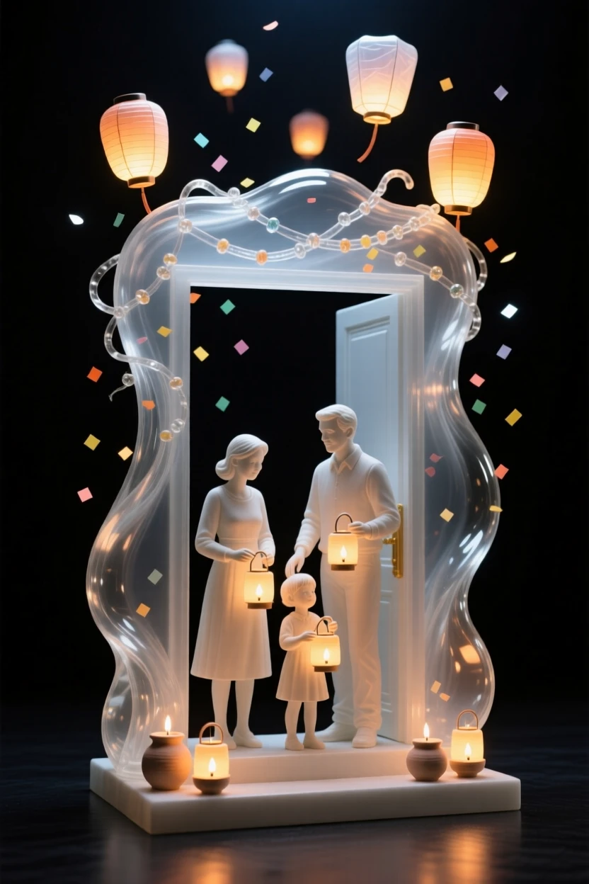 As confetti drifts through the air above the crowd, a family lighting small clay lamps along a doorway at festival time, while lanterns rise slowly into the night sky