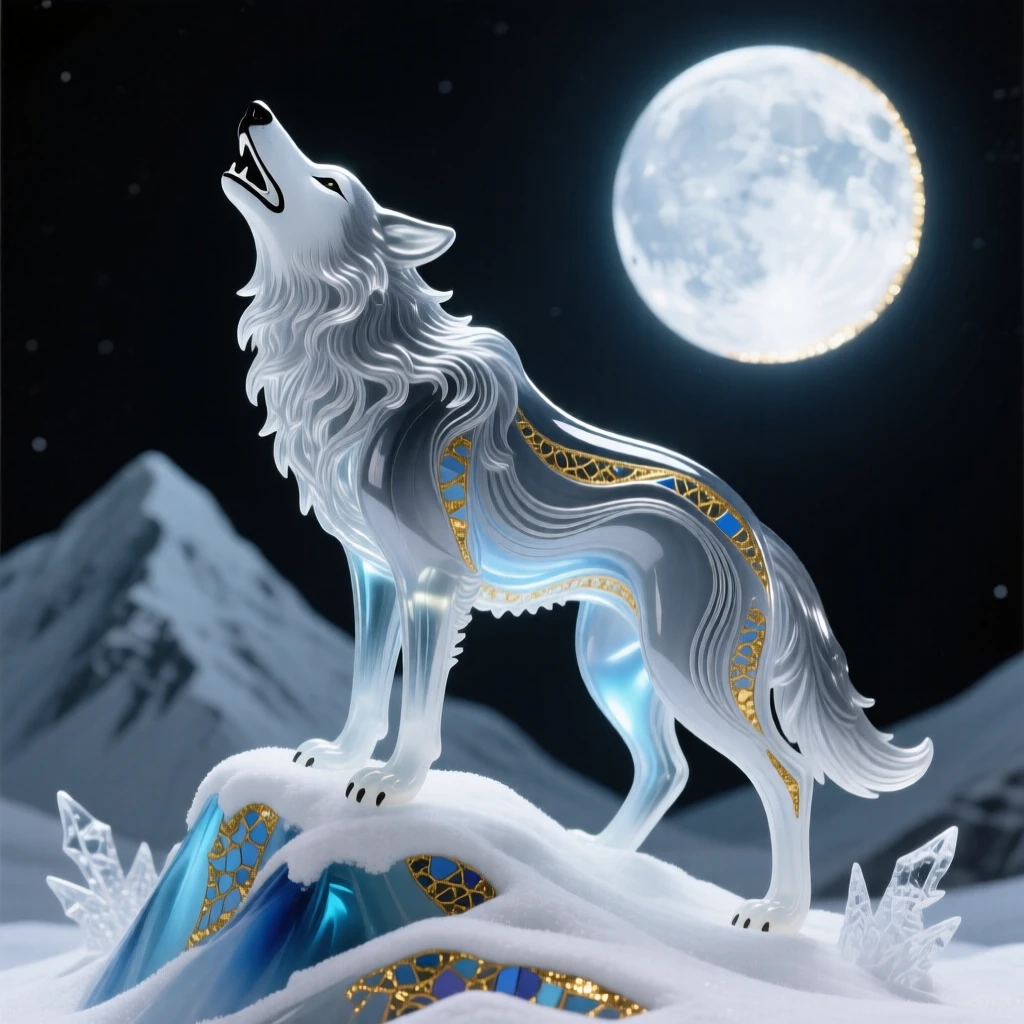 A lone wolf howling beneath a full moon atop a snow-covered peak, wild and haunting.
