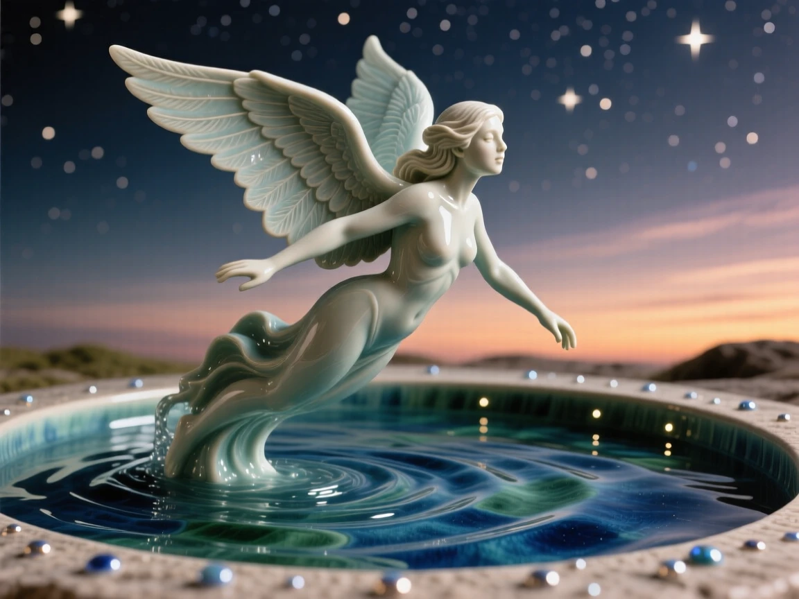 A water nymph rising from a rippling pool frozen mid-flight against a starry sky, its wings catching the last light of dusk, capturing the enchantment of forgotten legend.