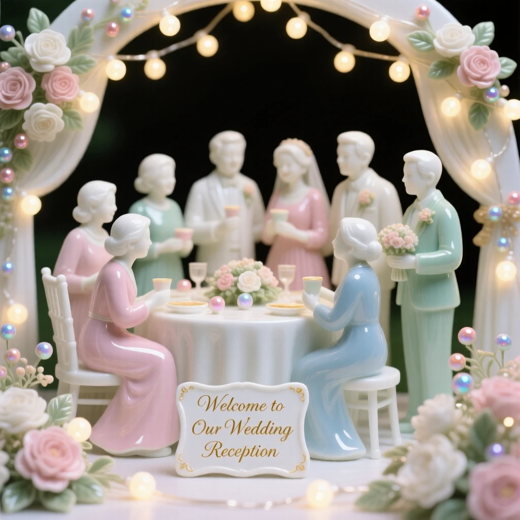 A joyful a wedding reception under fairy lights scene, families and friends gathered together happily.