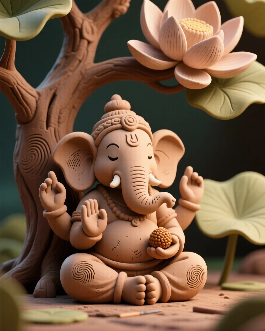 Ganesha seated peacefully beneath a blooming lotus tree