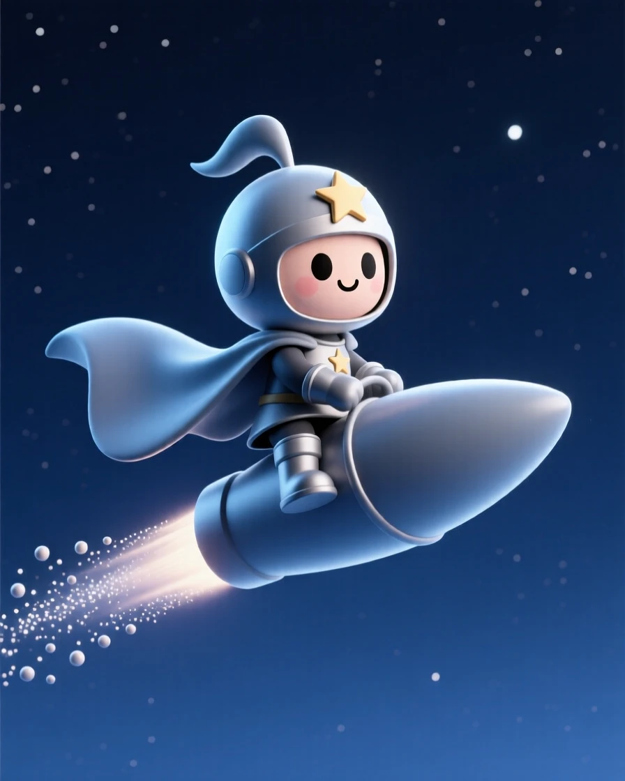 A brave star knight rides a comet across the night sky, cape trailing glittering stardust behind.