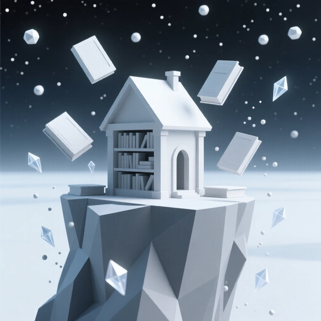 A mystical library with floating books, atop a cliff overlooking an endless starry sky. swirling particles of light drift through the air. A gentle, magical glow softens the scene.