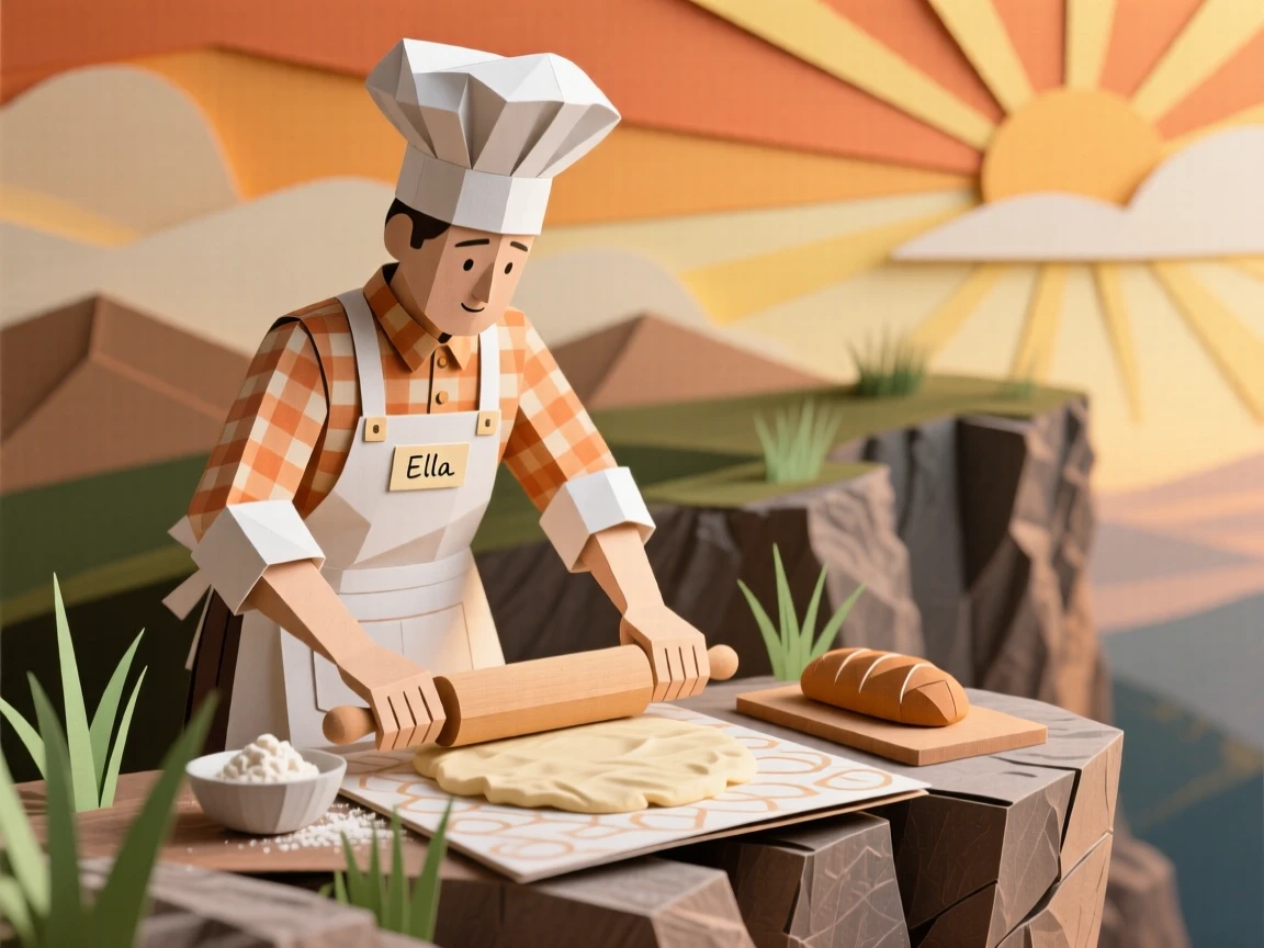 A creative baker perched on a scenic cliffside overlook, with warm natural light streaming in, capturing the satisfaction of skilled hands at work.