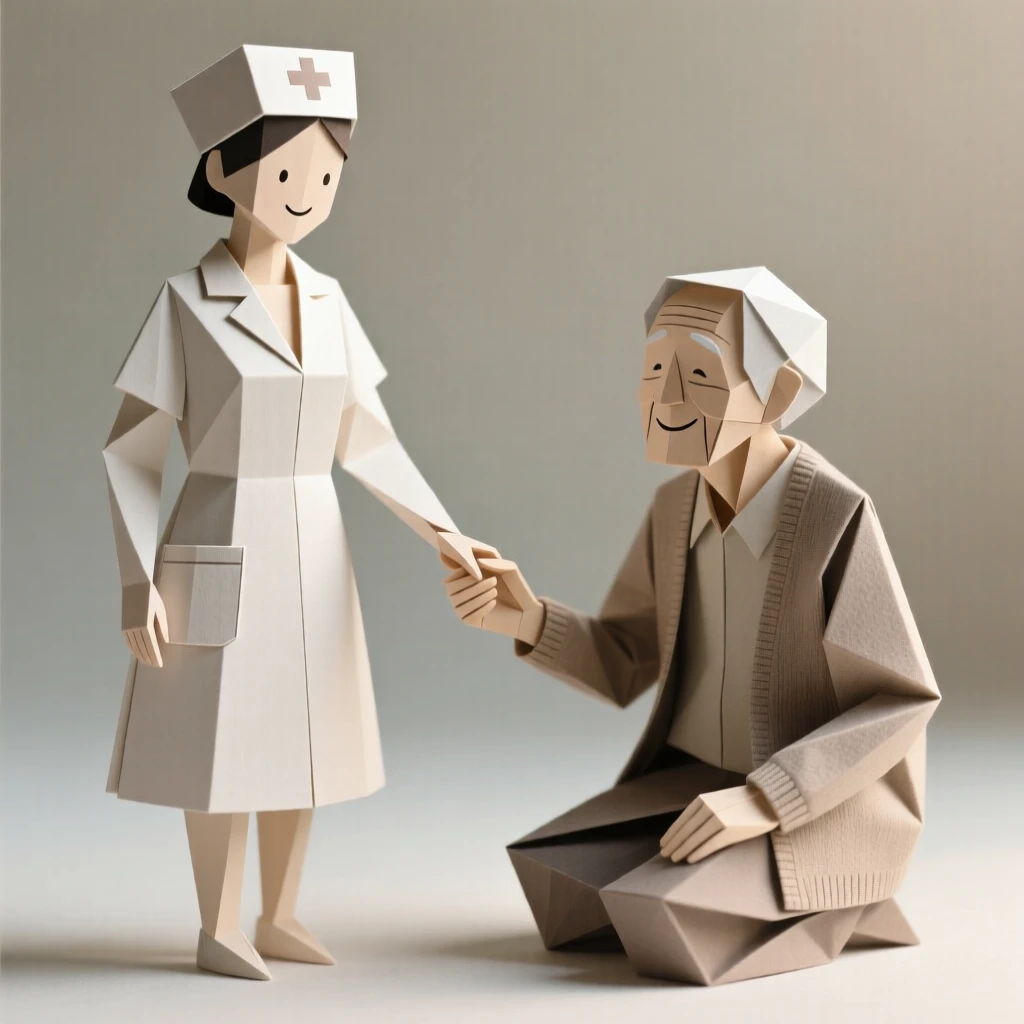 A nurse holding the hand of an elderly patient, both smiling warmly.