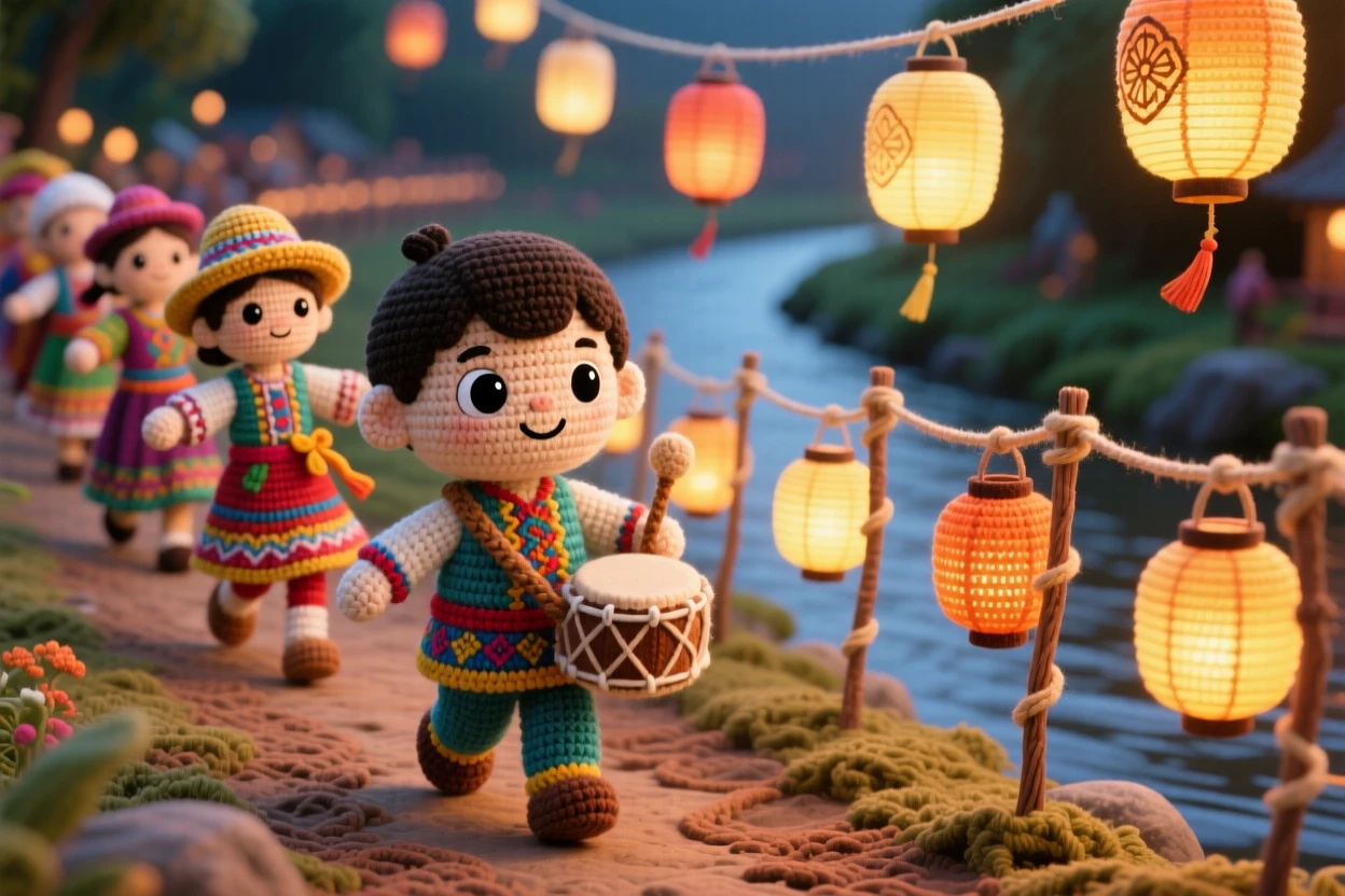 A festive cultural scene of a small boy carrying a small ceremonial drum on a strap for a village parade, marching alongside a line of dancers within a riverside path lit with floating lanterns; a row of glowing lanterns lining the path nearby, full of heartfelt togetherness during a special gathering.