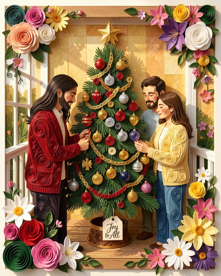 A heartwarming moment of a family decorating a Christmas tree together on a warm sunlit porch surrounded by blooming flowers, with soft shadows adding quiet intimacy, composed with generous warmth and closeness between subjects.