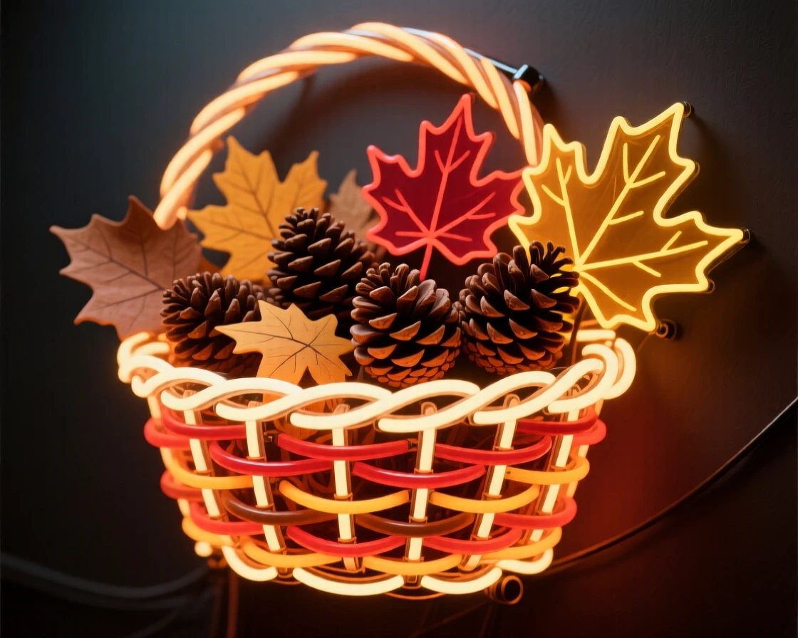 A pile of autumn leaves and pinecones arranged in a wicker basket.