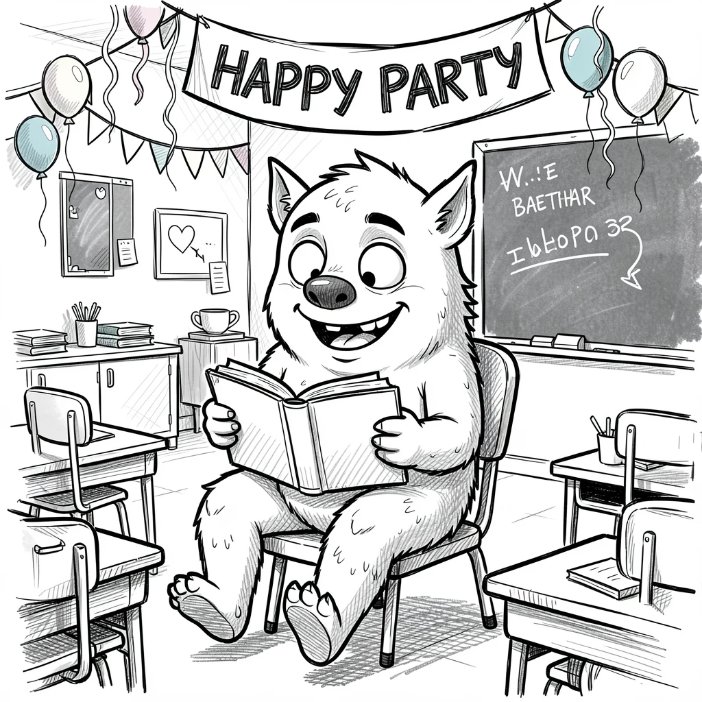 A friendly monster reading a bedtime story inside a classroom decorated for a party.