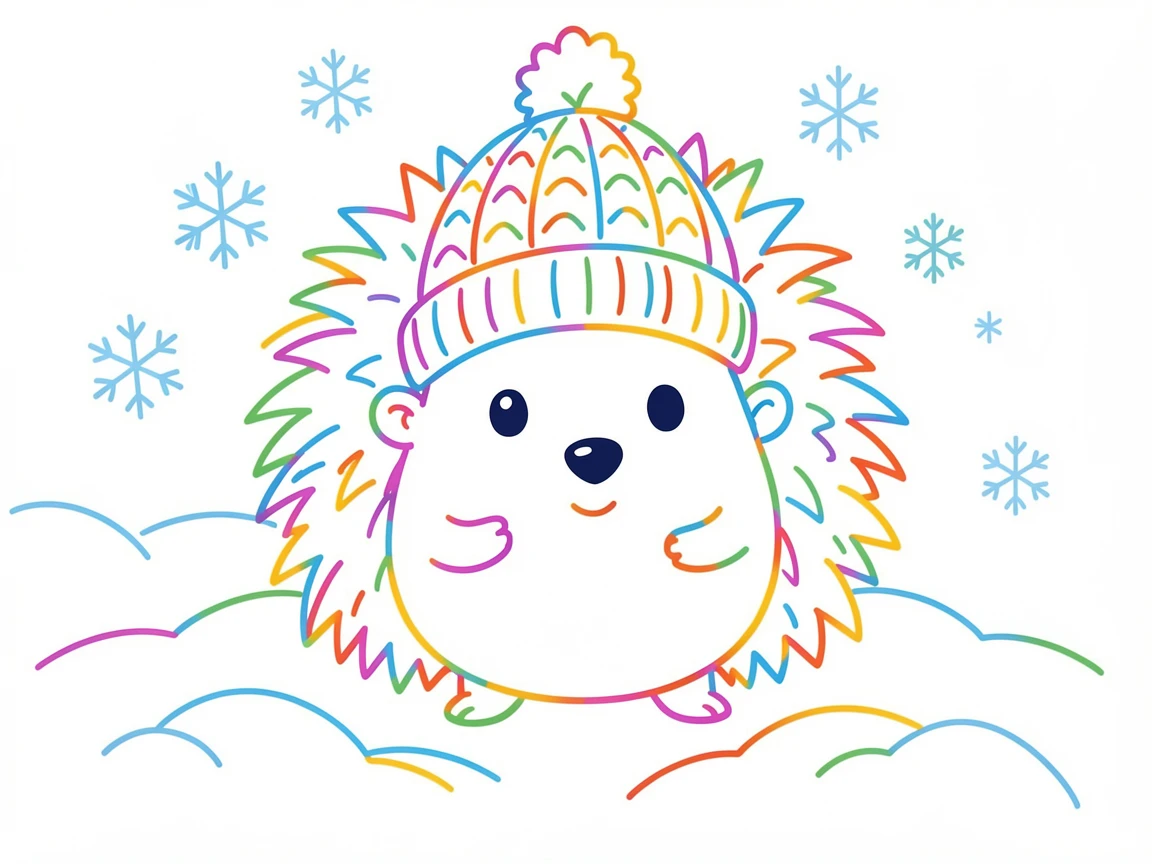 A round hedgehog character wearing a cozy knit hat in the snow.