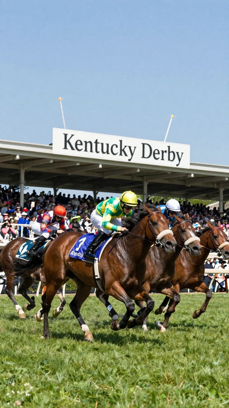A Kentucky Derby horse race in full gallop