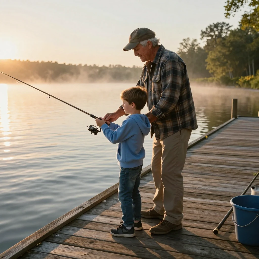 A grandfather shows his grandson how to cast a fishing line off a wooden dock at sunrise.